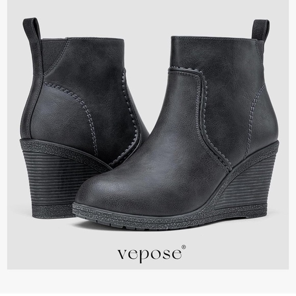 Vepose Women's Low Wedge Boots, Comfortable Ankle Booties with Inside Zipper - Picture 2 of 7